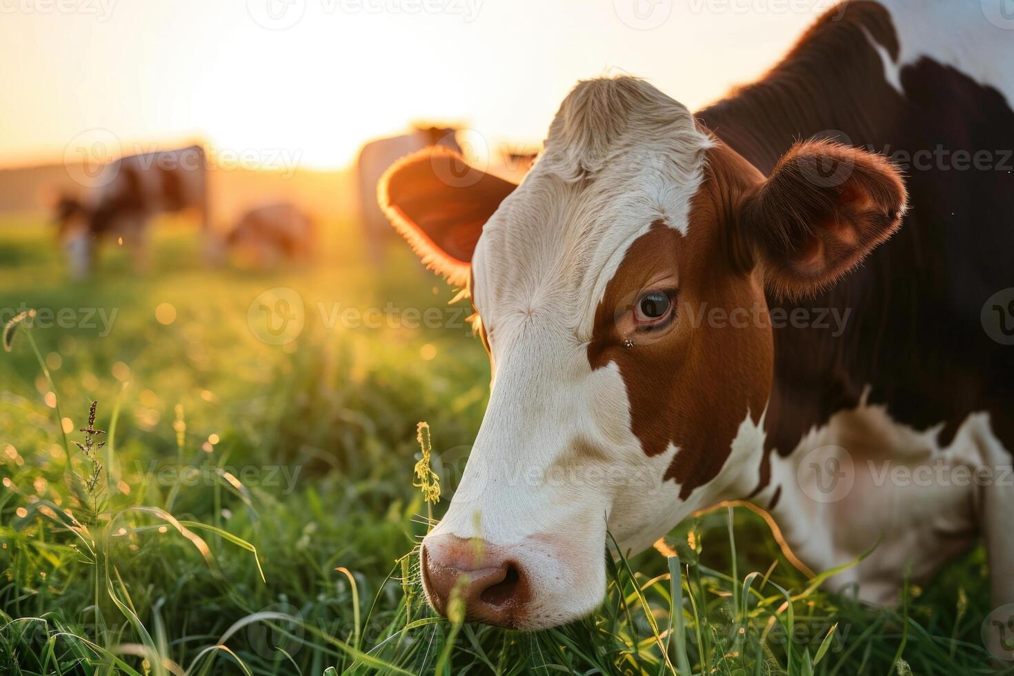cow feeding on grass land photo