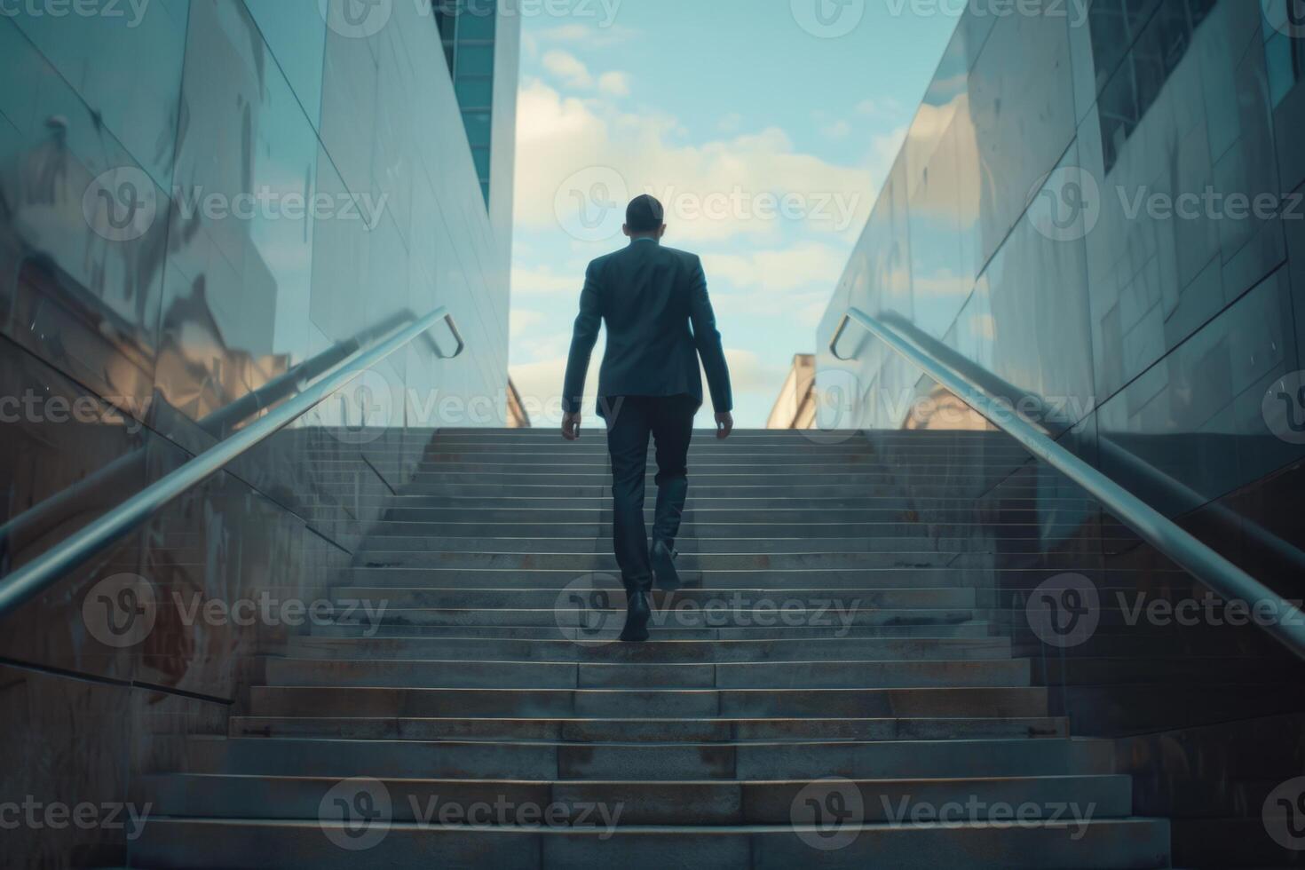 Businessman climbing stairs towards success. photo