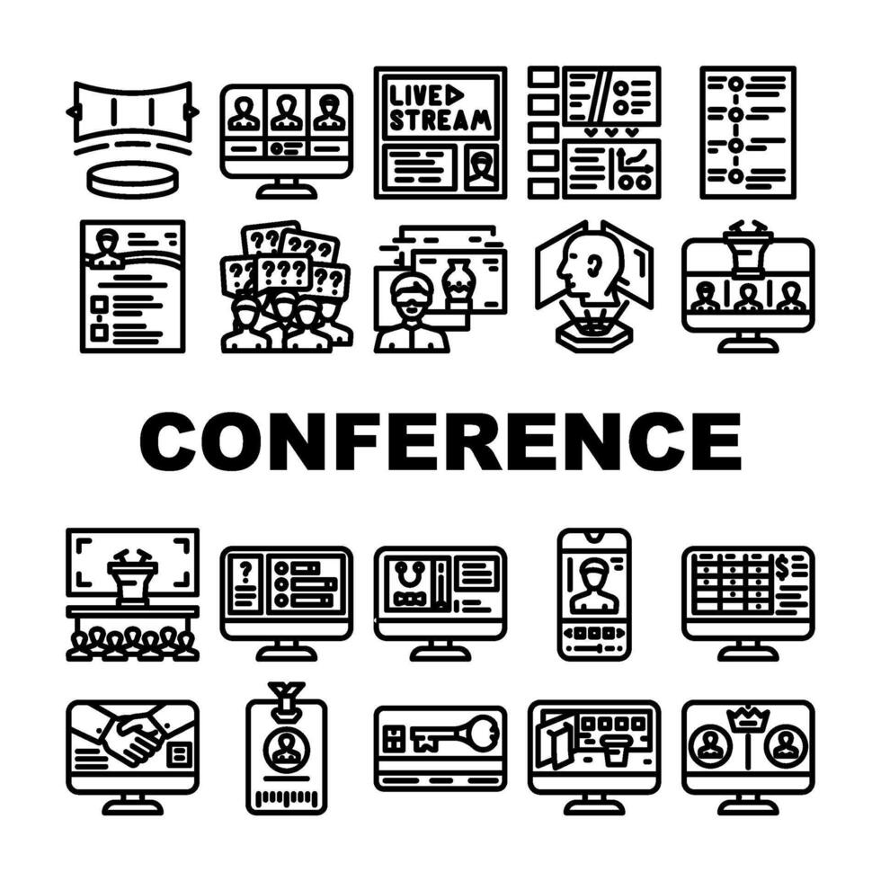 virtual conference event online icons set vector