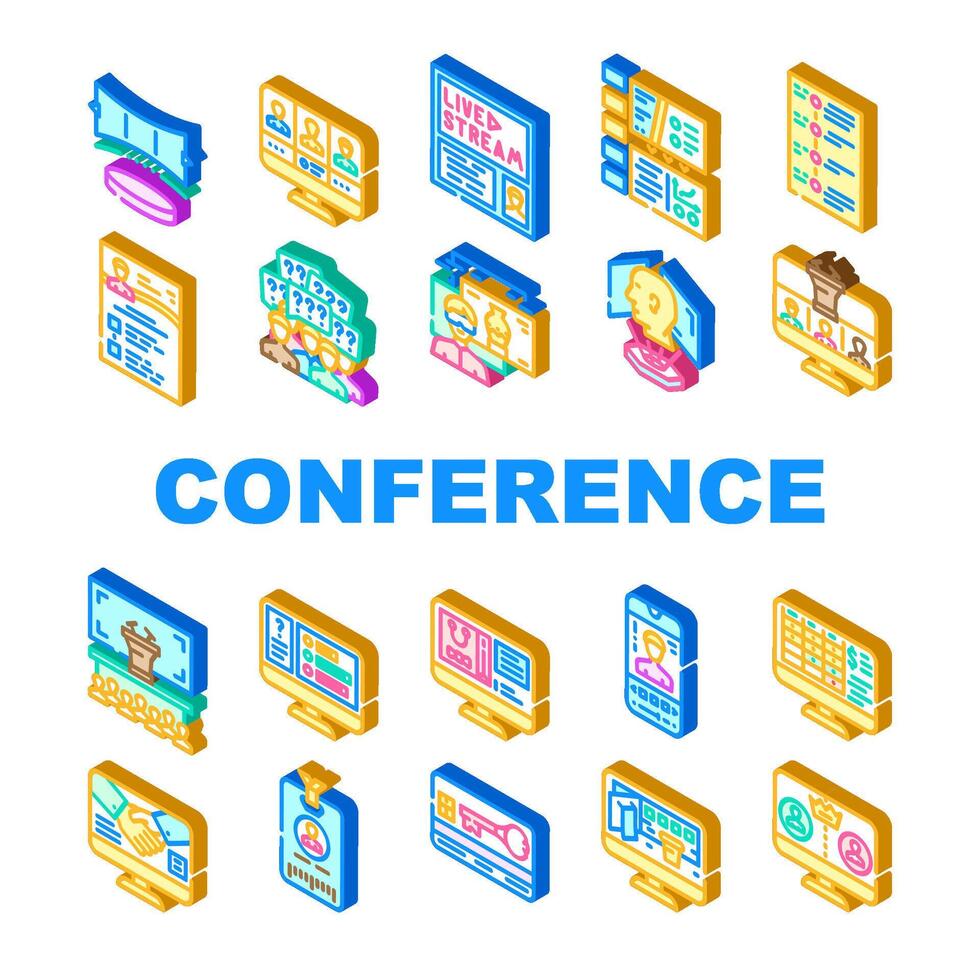 virtual conference event online icons set vector