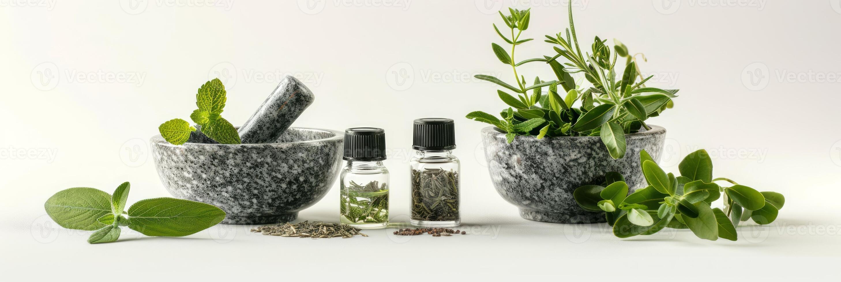 Medicinal herbs and laboratory glassware on white backdrop. Plant ingredients with lab equipment. Concept of homeopathic medicine, research in natural health, botanical extracts, alternative medicine. photo