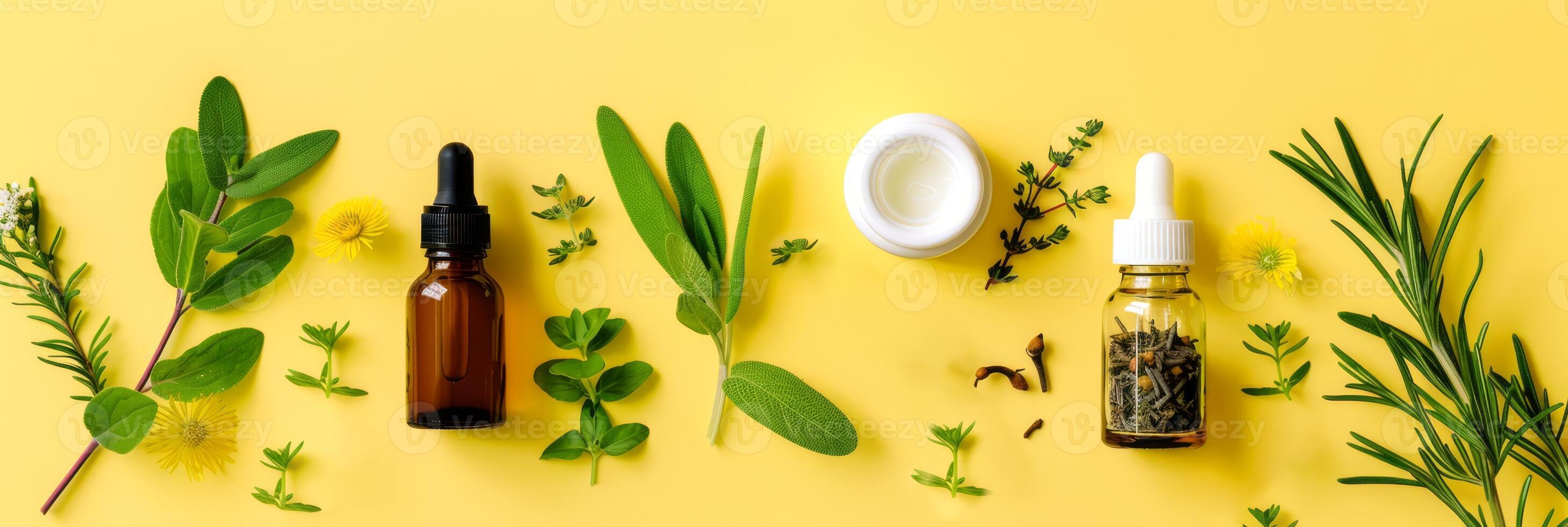 Herbal essences and medicinal plants isolated on yellow background. Essential oils and fresh herbs. Concept of natural healing, homeopathic remedies, herbal therapy, and aromatherapy. Banner photo