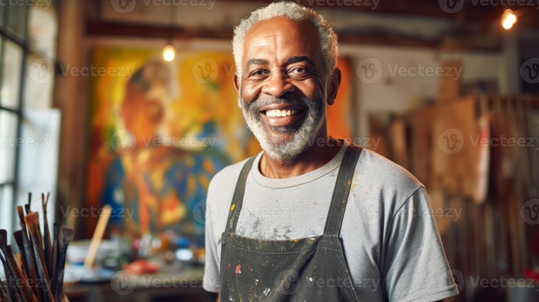 mayor sonriente africano americano hombre pintor siguiente a su obra de arte en Arte estudio. concepto de artístico talento, mayor creatividad, Arte terapia, interesante pasatiempo, emocionante ocio tiempo, petróleo pintura foto