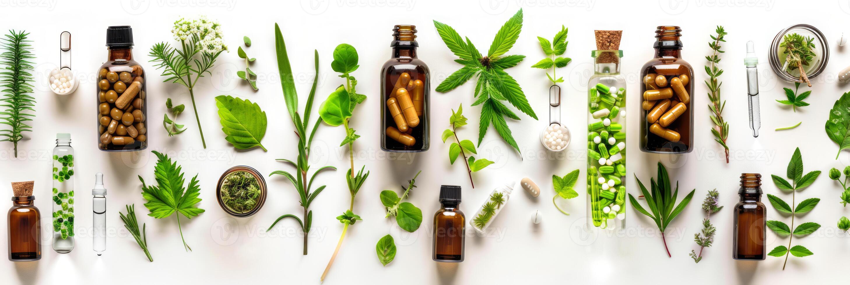 Herbal extracts, medicinal plants, homeopathic pills, Essential oils isolated on white backdrop. Concept of natural healing, homeopathic remedies, herbal therapy, and aromatherapy. Banner. Flat lay. photo