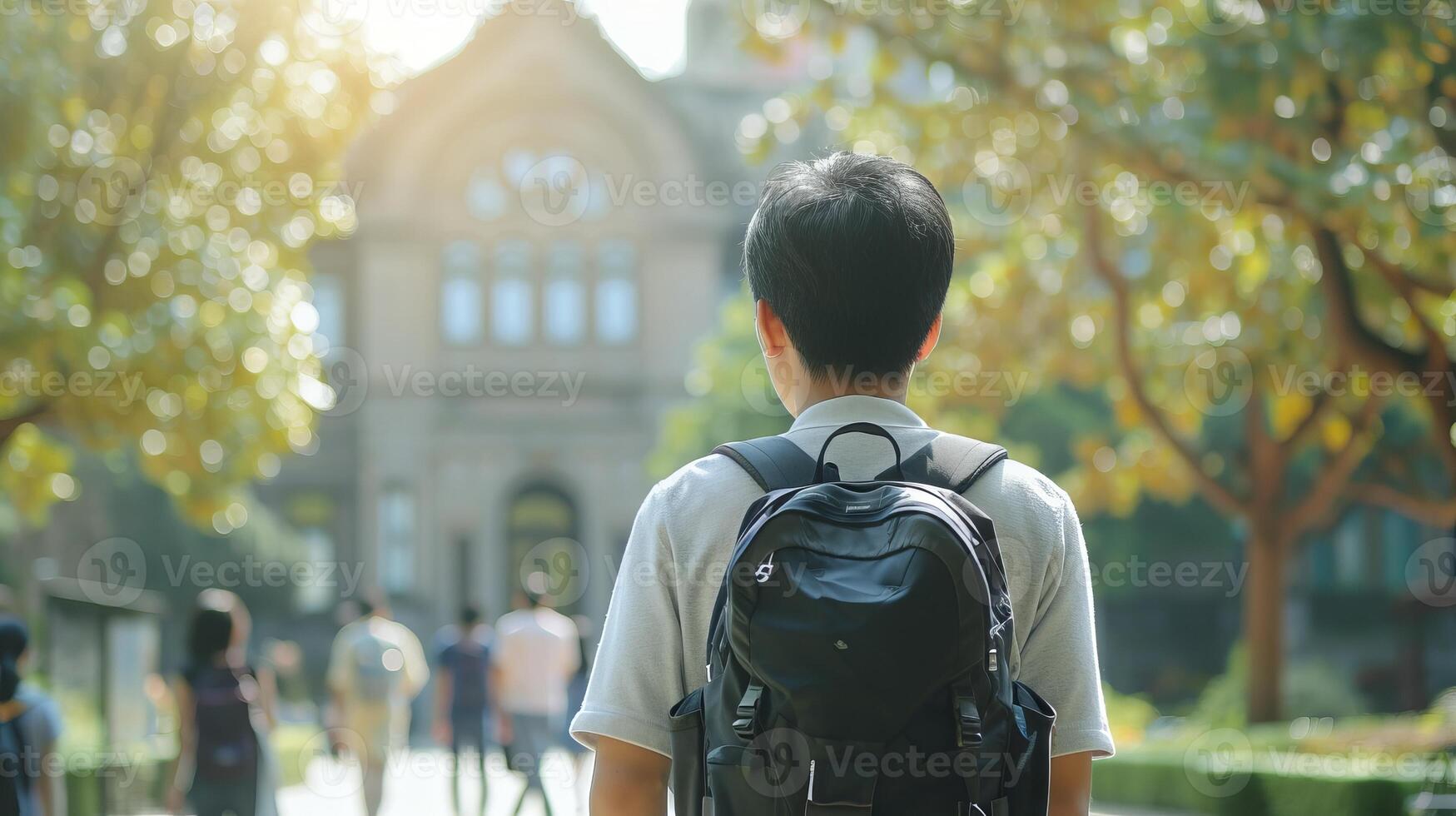 Asian student with a backpack walking in university campus. Back view of young man. Concept of international education, student diversity, new beginnings, and cultural integration. Copy space photo