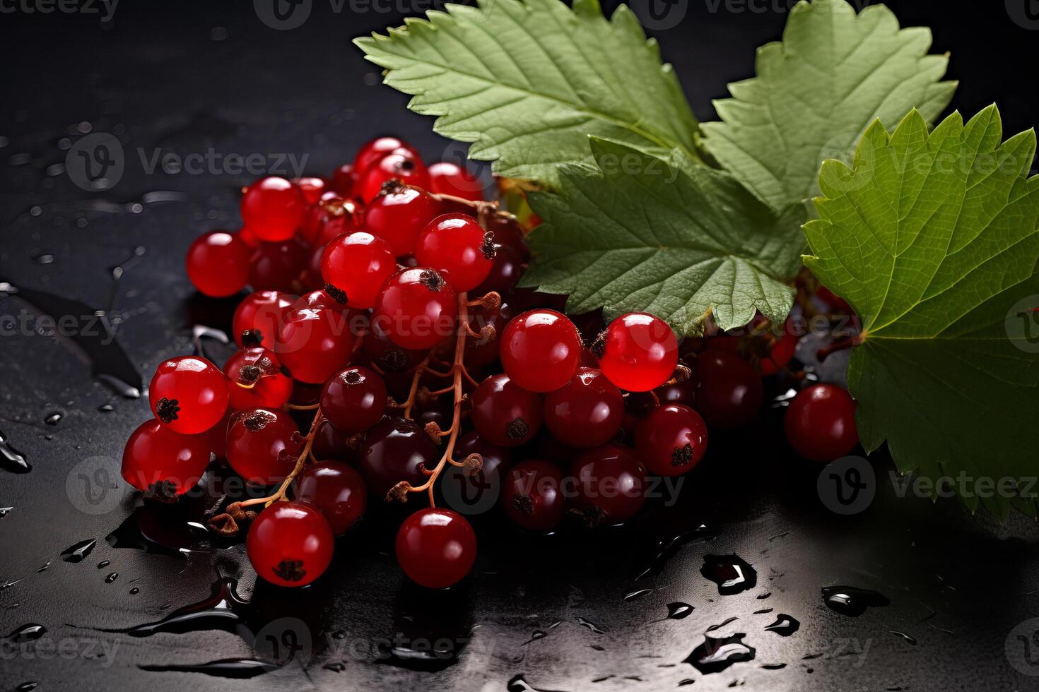 Fresh viburnum berry clusters accompanied by vibrant leaves. Red berries of viburnum on dark background. Concept of traditional remedies, seasonal fruits, and natural health photo
