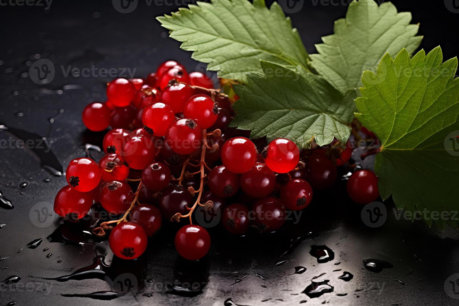 Fresco viburnum baya racimos acompañado por vibrante hojas. rojo bayas de viburnum en oscuro antecedentes. concepto de tradicional remedios, estacional frutas, y natural salud foto