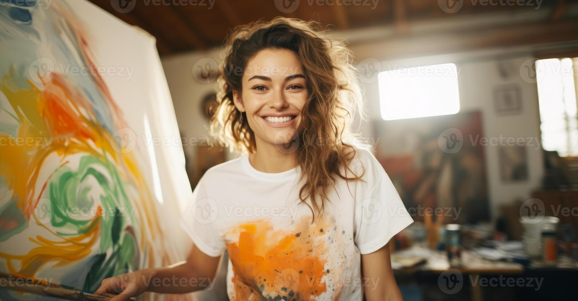 sonriente caucásico joven mujer artista siguiente a su obra de arte en un Arte estudio. concepto de artístico talento, multa letras, creativo proceso, petróleo pintura foto