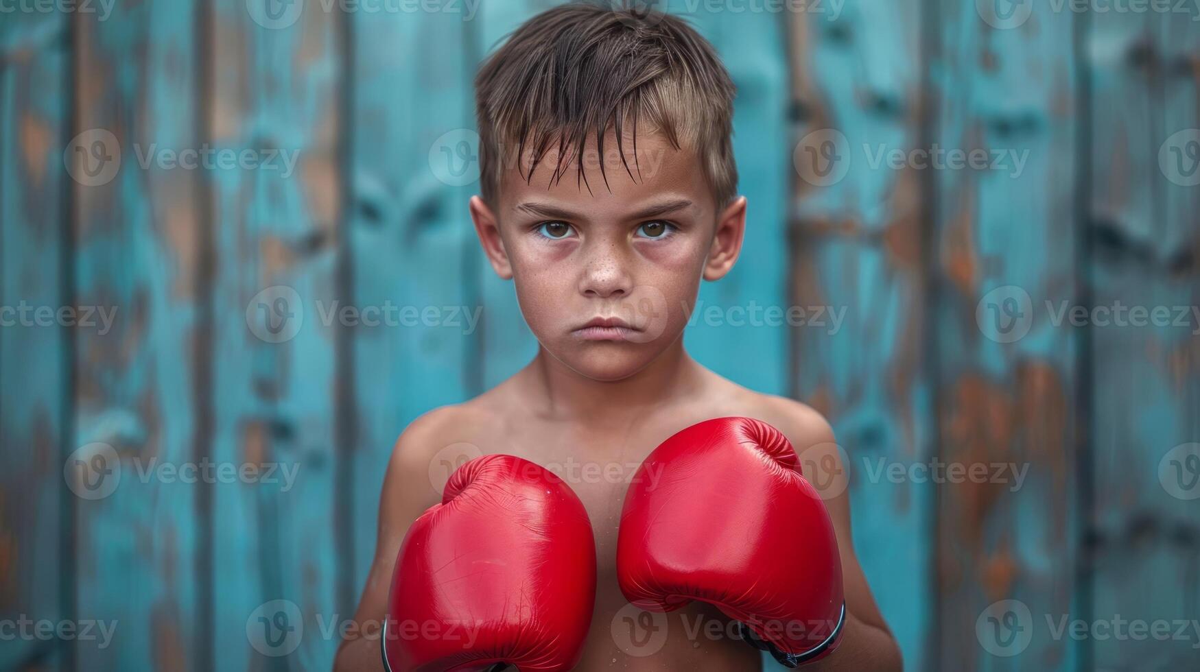 Focused Caucasian Boy in red boxing gloves. Young boxer ready to train. Child boxer. Concept of healthy lifestyle, fitness training, childhood activity, physical education photo