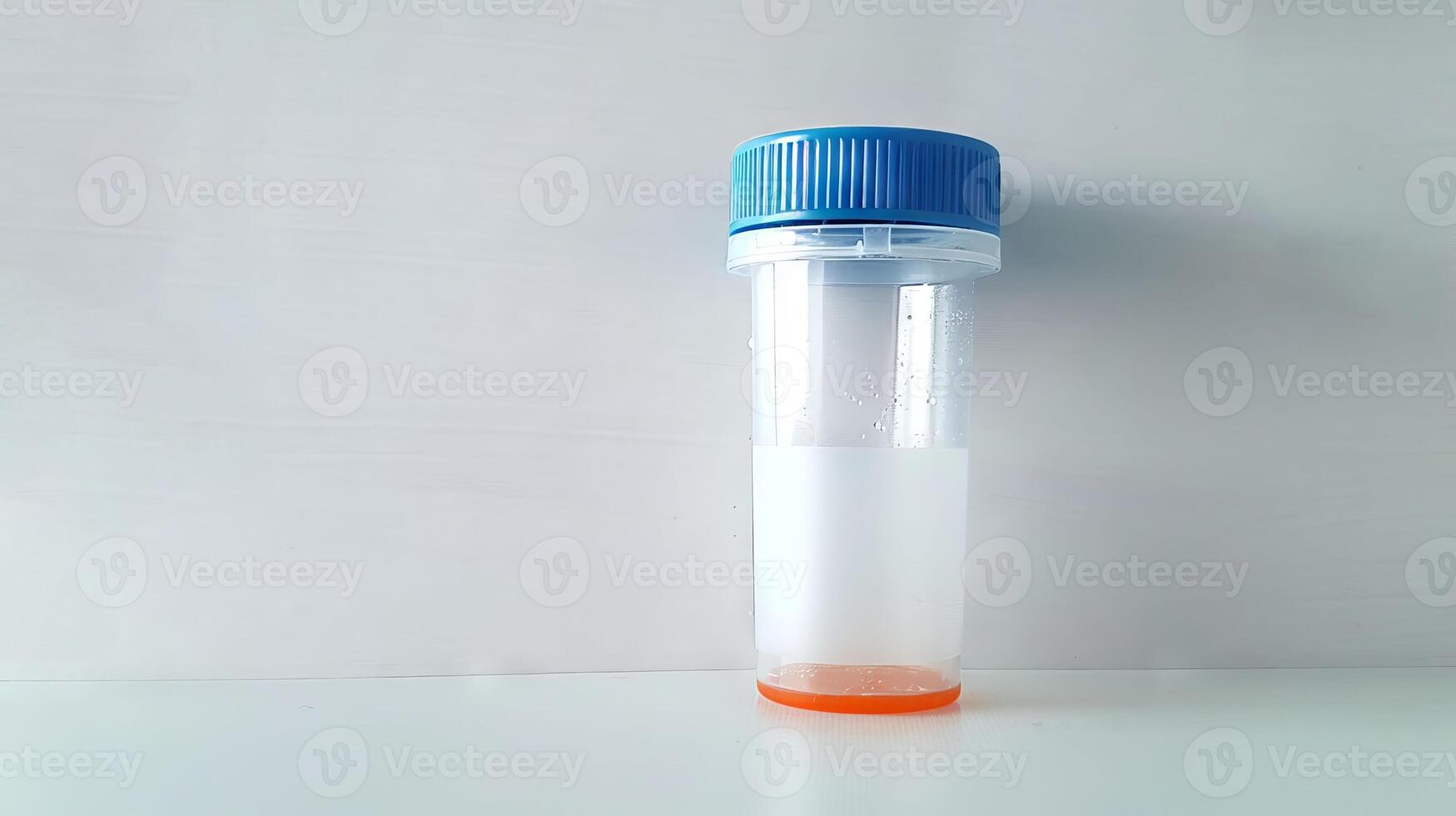 Clean empty plastic fecal test tube with screw-on lid. Specimen stool collection container for laboratory. Concept of stool analysis, medical diagnostics. White backdrop. Banner. Copy space. photo