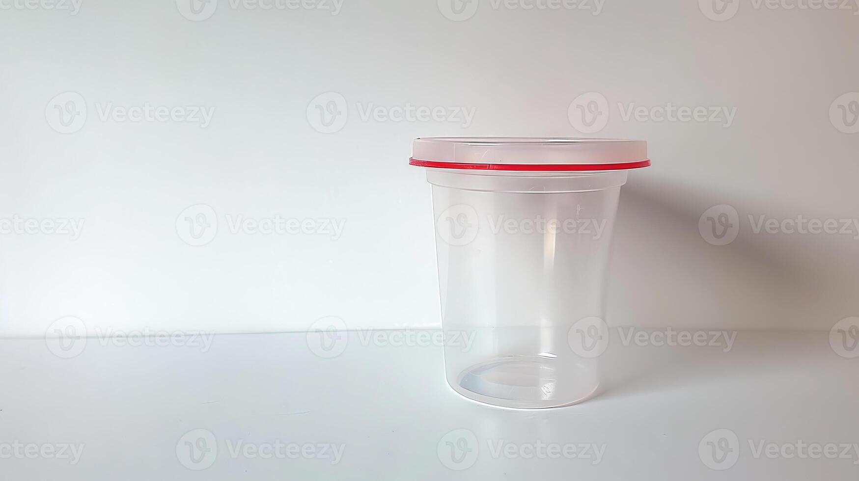 Empty Medical specimen container for urine analysis. Clear cup with secure blue cap. Concept of laboratory processing, kidney health, and diagnostic procedures. White background. Banner. Copy space. photo