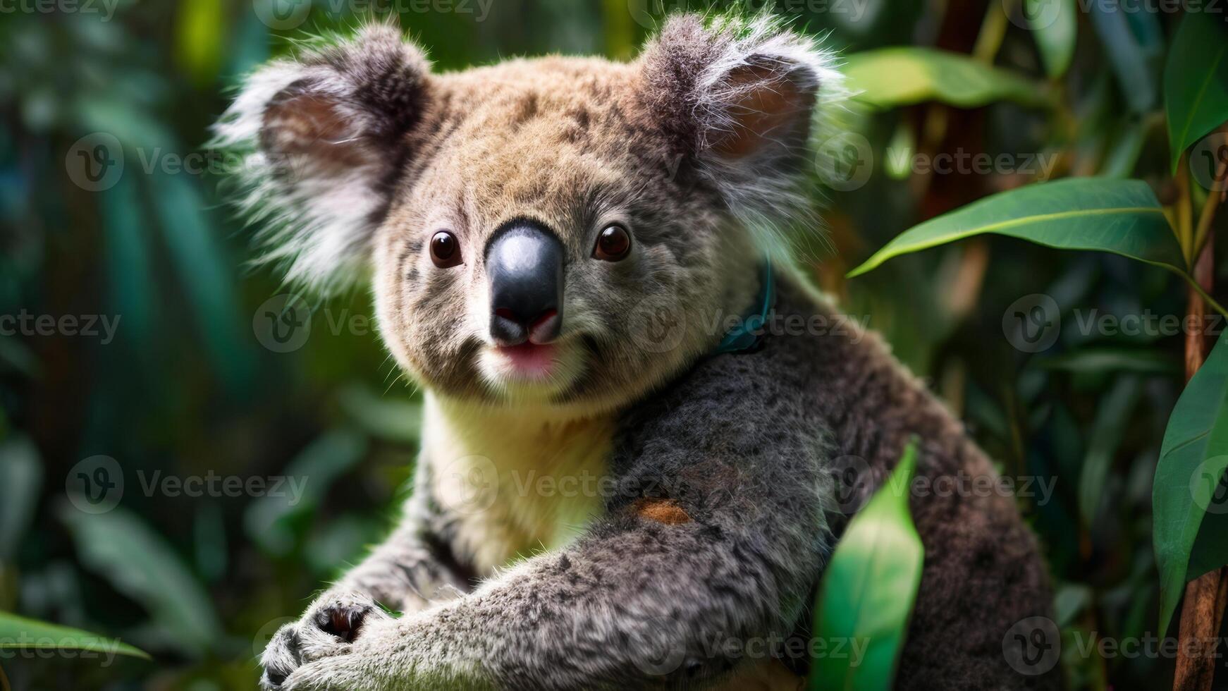 Endearing koala resting amidst eucalyptus foliage. Vibrant close-up of a fluffy Australian marsupial. Concept of wildlife conservation, natural habitats, and adorable wild animal. photo