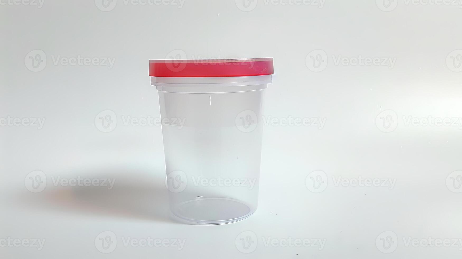 Transparent urine sample container with blue lid. Laboratory urine test cup for medical analysis. Concept of healthcare testing, diagnostics, urine examination. White background. Copy space. photo