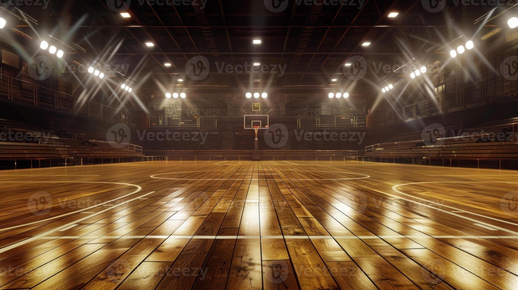 Empty, professional basketball court, gleaming under bright overhead lights. Indoor basketball arena with spotlight illumination. Concept of sports, competition, basketball training photo