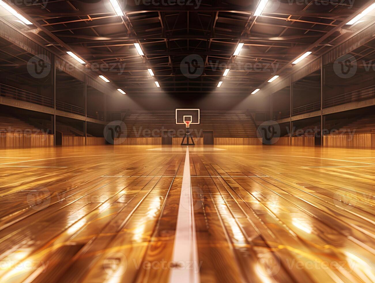 Empty professional basketball court with wooden floor. Indoor basketball arena. Concept of sports, competition, basketball training, and athletic facility photo