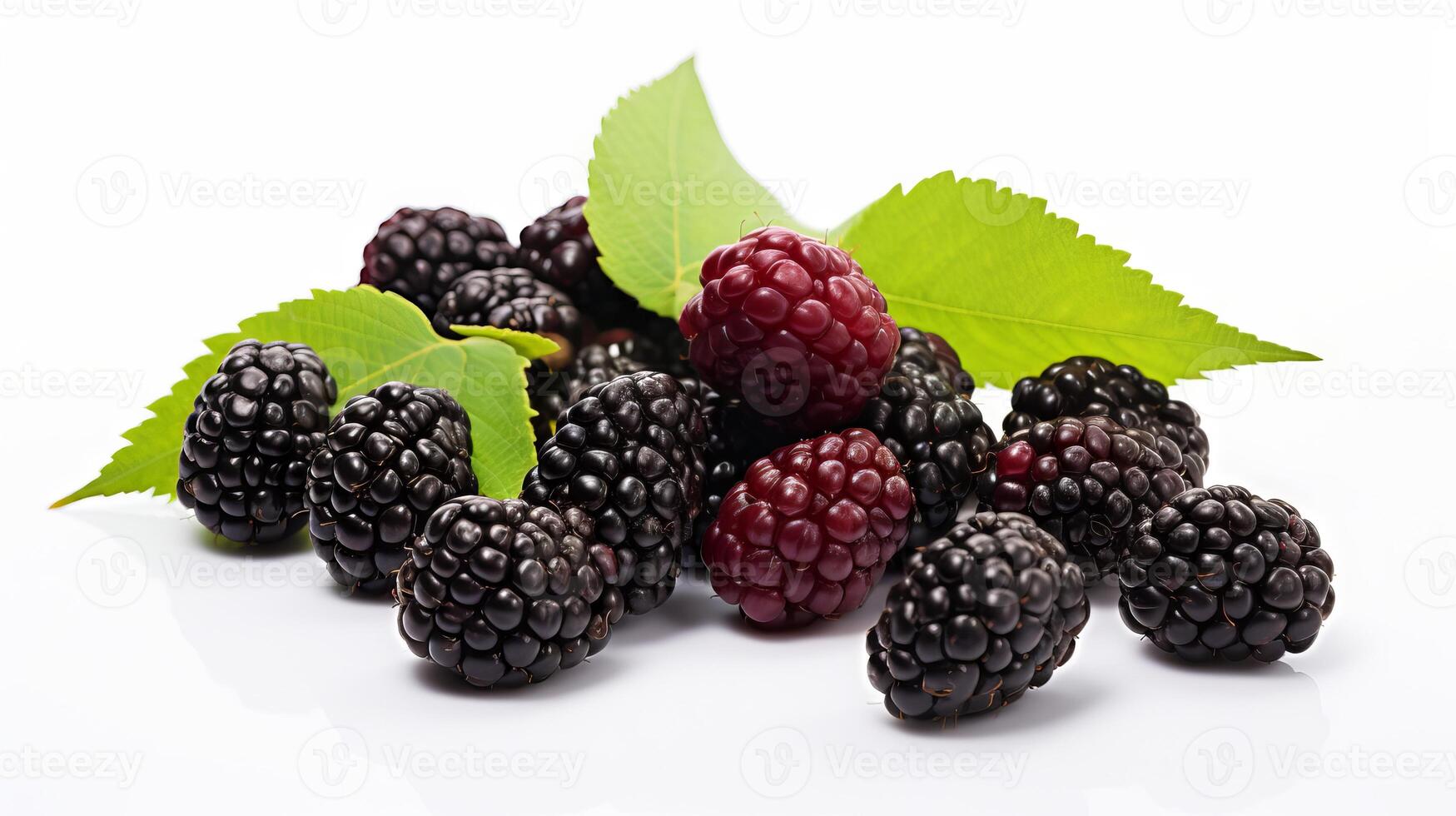 Ripe black mulberries with a fresh leaf. Berries presented on green foliage. Concept of nutritious snacking, berry harvest, natural produce, and wholesome food choices. Isolated on white background. photo