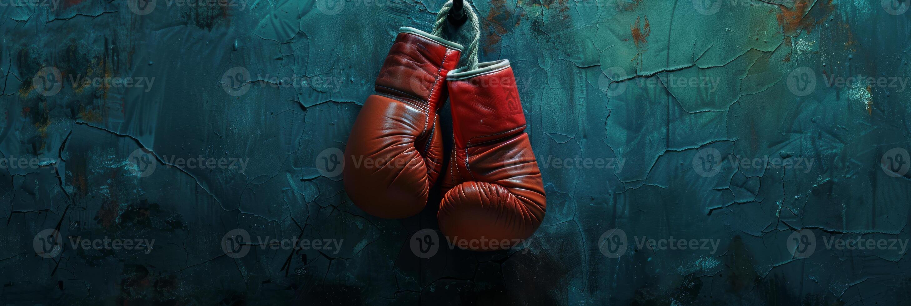 Red boxing gloves hanging on a blue wall. Banner. Textured background with copy space. Minimalistic sports equipment concept. Design for poster, banner, sport-related advertising. Copy space. photo