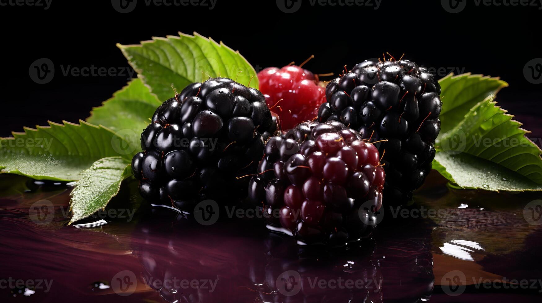 Ripe black mulberries with a fresh leaf. Berries presented on green foliage. Concept of nutritious snacking, berry harvest, natural produce, and wholesome food choices. Dark background. photo