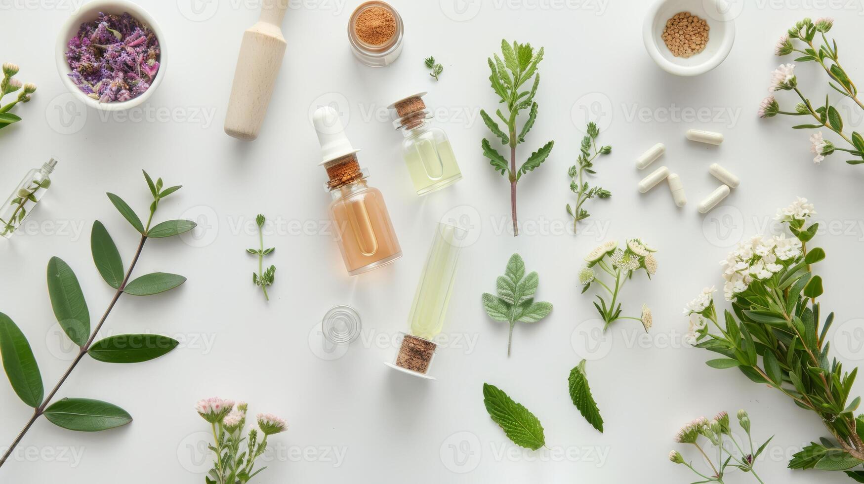 Homeopathy essentials, including glass vials of herbal extracts, medicinal herbs, mortar, pestle, and selection of homeopathic remedies, laid out on a white background. Flat lay. Alternative medicine. photo