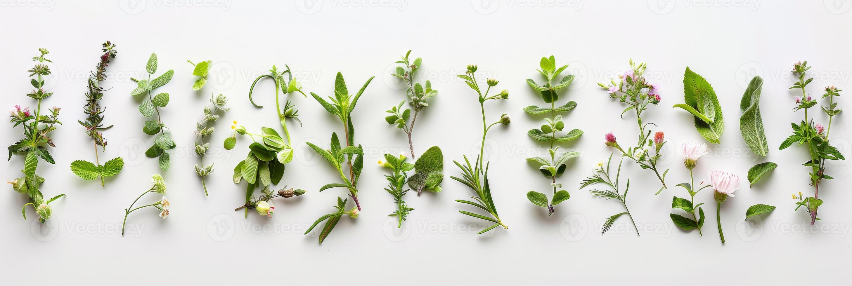 Collection of medicinal plants, herbs and flowers. Variety of herbal medicine flora. Concept of homeopathy, natural healing, botanical diversity, and alternative medicine. White background. photo