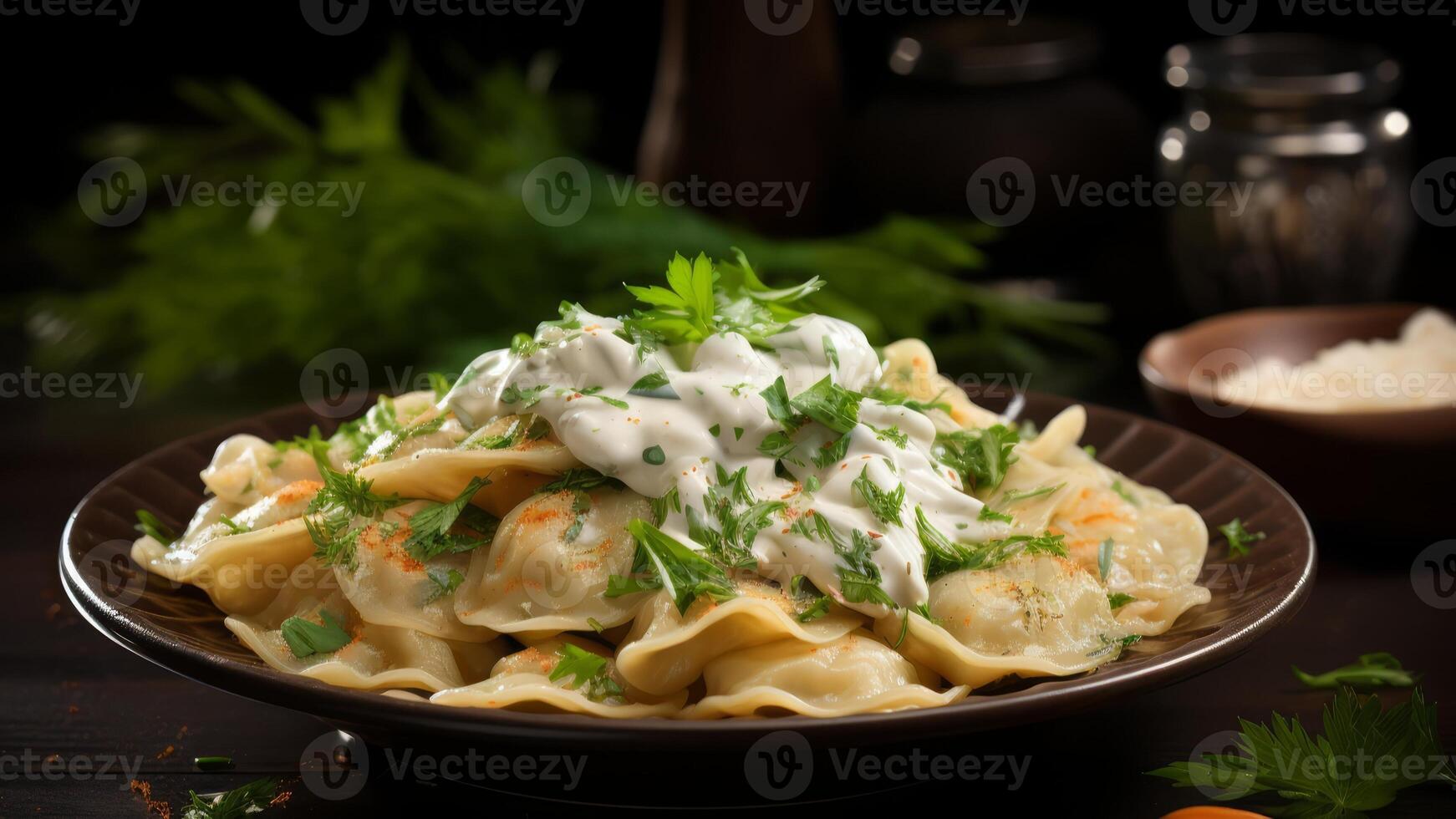 tradicional ucranio vareniki en un florido plato, adornado con hierbas. suave empanadillas con un infundido con hierbas Adición. concepto de nacional platos, culinario arte, y comodidad comiendo.. foto