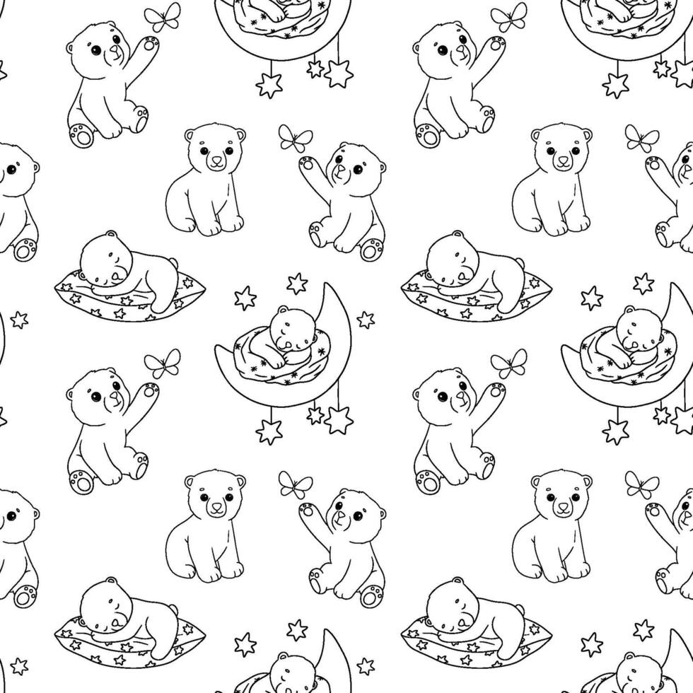 Seamless pattern with cute polar baby bear on ice floe and sleeping. Cartoon hand drawn outline illustrations vector