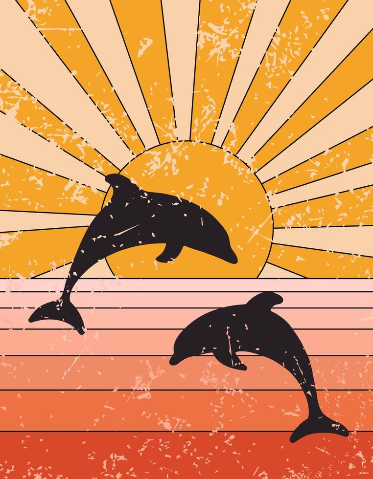 Groovy poster 70s style with sun and dolphins. Retro print with grange texture. illustration with sunshine and sea vector