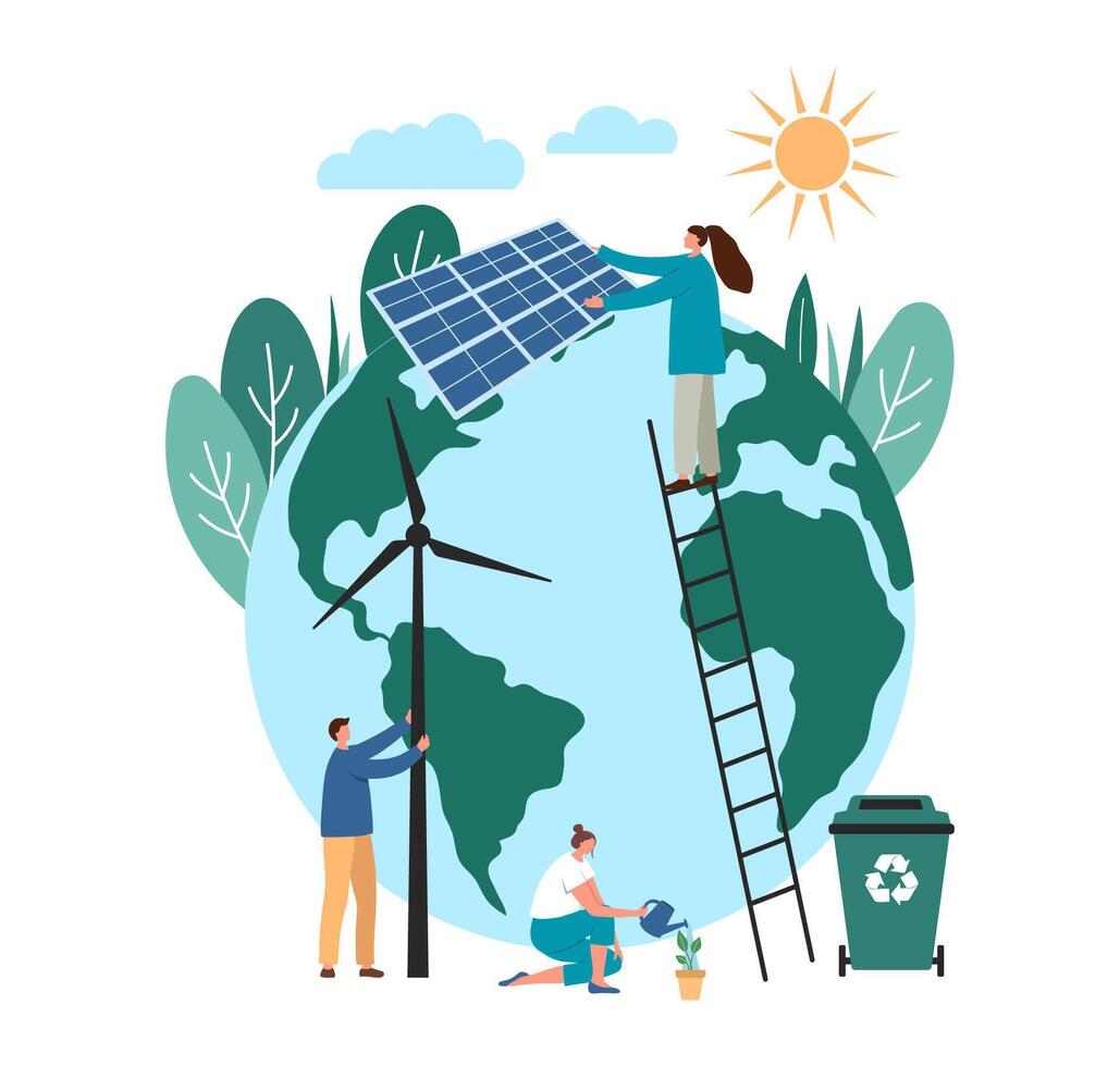 People save planet earth from climate change. Man make wind generator, character put solar panel. Using clean energy. Sustainable energy climate alternative. Flat cartoon illustration. vector