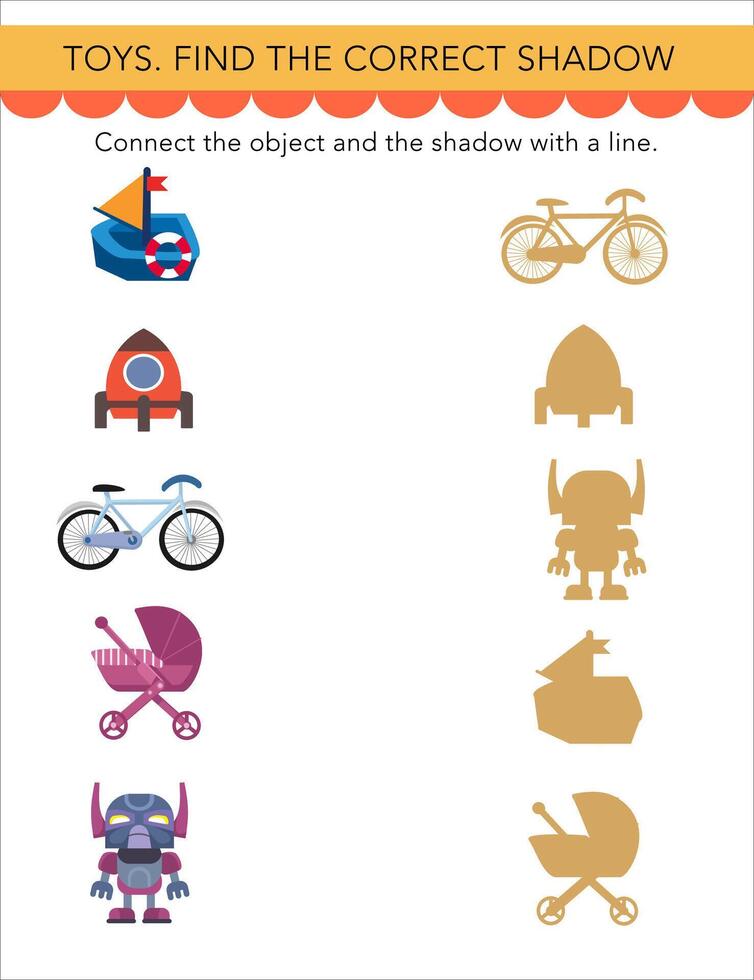 Find correct shadow. Puzzle Game for children. Cute cartoon style objects. Toys on white background. Preschool activity. illustrations. vector