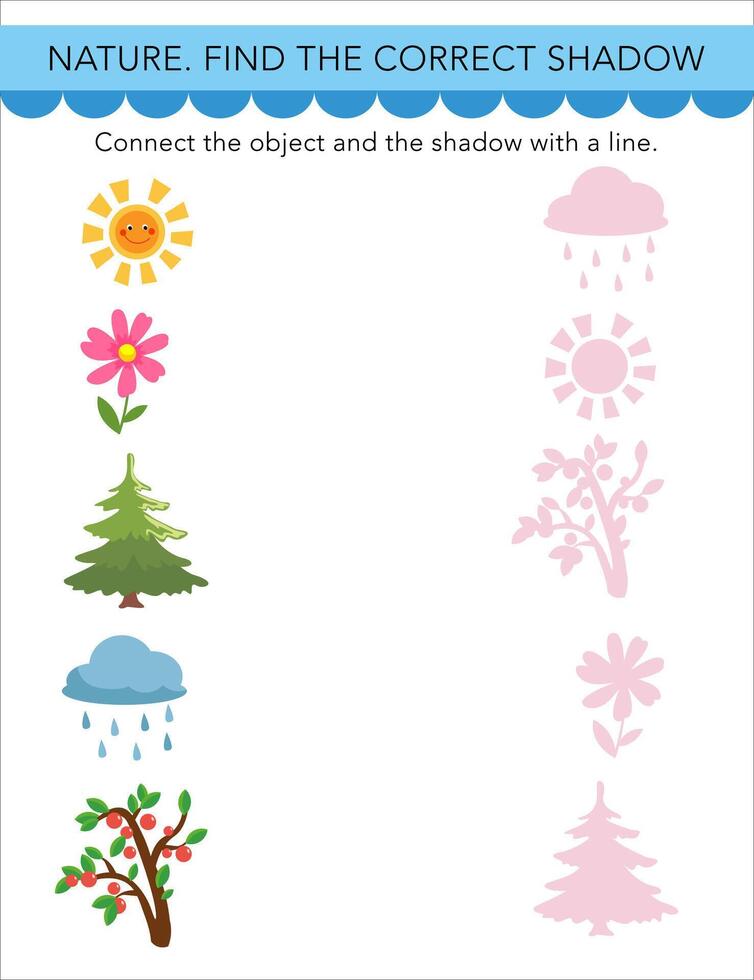 Find correct shadow. Puzzle Game for children. Cute cartoon style objects. Nature on white background. Preschool activity. illustrations. vector