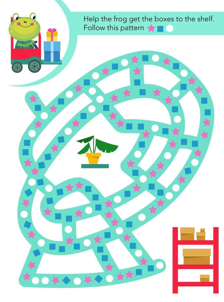 Maze game, activity for children. Follow this pattern. illustration. Picture frog in car. Cute animals. Cartoon characters. vector