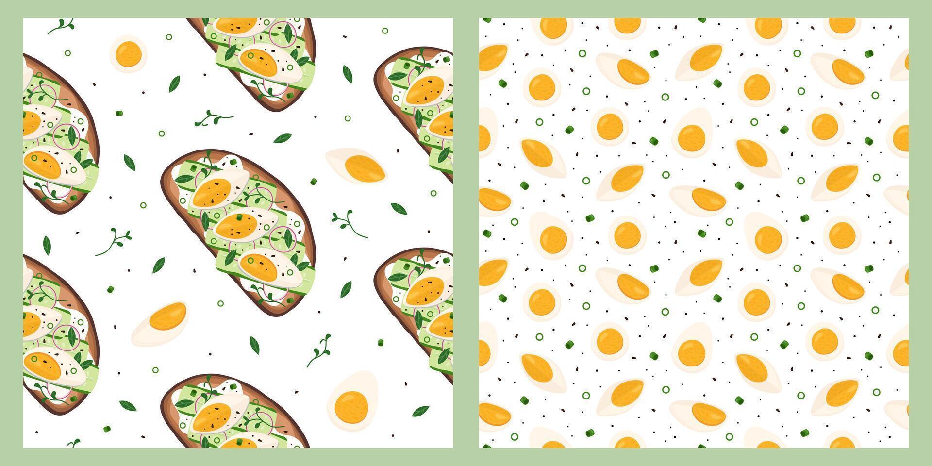 Seamless patterns with bruschetta and boiled eggs vector