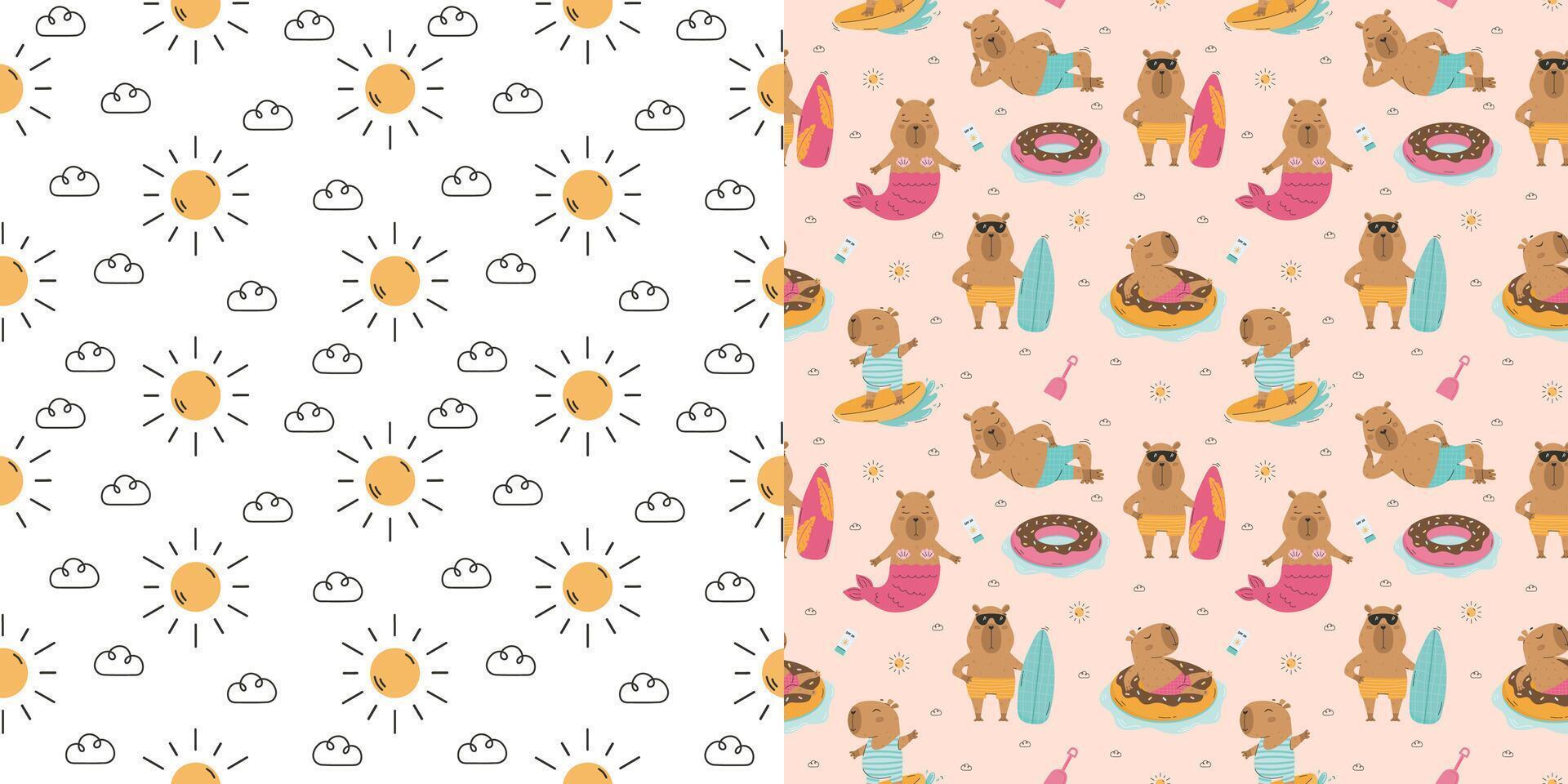 Summer seamless pattern with funny capybaras vector