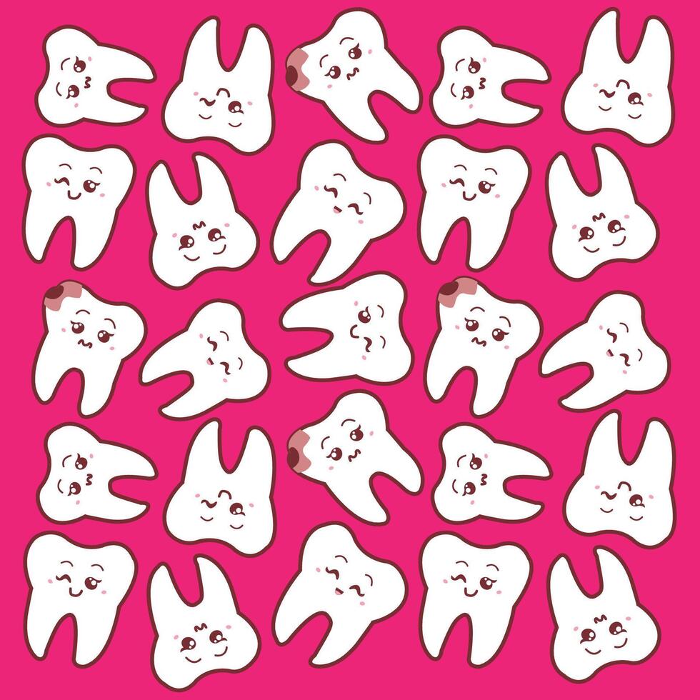 Tooth decay with sad, happy, smiling and winking face on pink background. Teeth with cavities vector