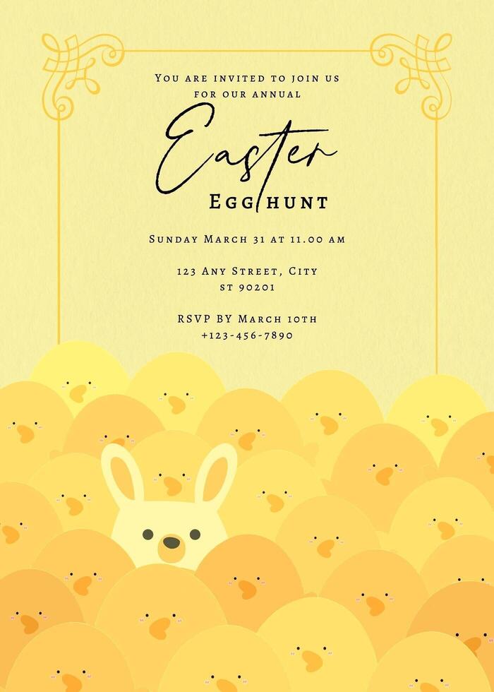 Easter Egg Hunt Invitation Card Template with Bunny and Little Chickens