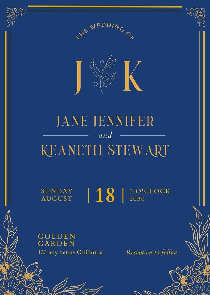 blue wedding invitation vertical template