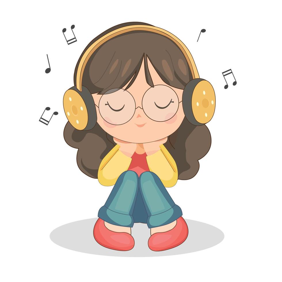 un niña escuchando a música utilizando un auricular vector