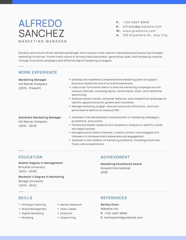 Blue White Minimalist Marketing Manager Resume template