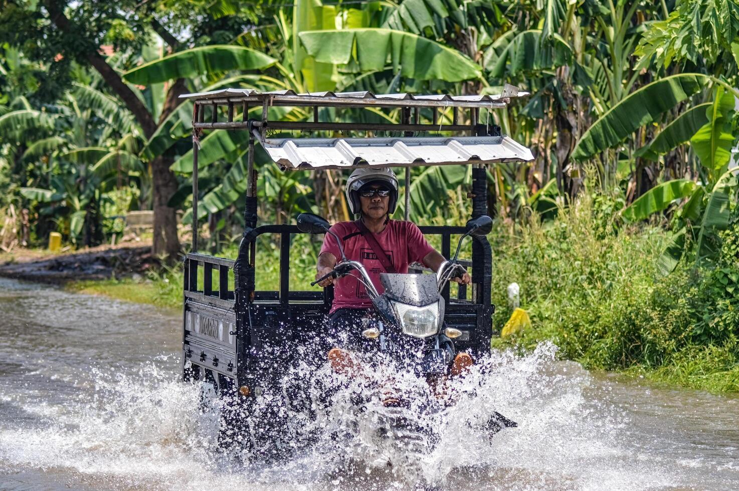 Several vehicles such as trucks, bicycles and cars were trapped by floodwater in Gresik Regency, Indonesia, 21 February 2024. photo