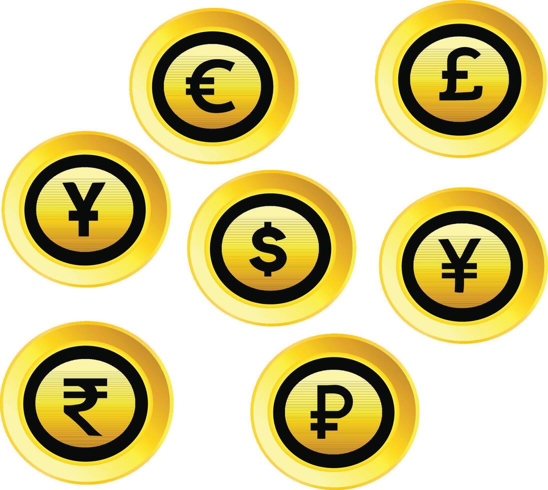 moneda dólar euro yuan rupia yen rubé libra oro vector