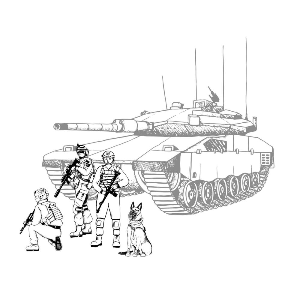 Israel army soldiers in uniform with assault rifles with Merkava tank graphic illustration for Veteran Remembrance Day vector