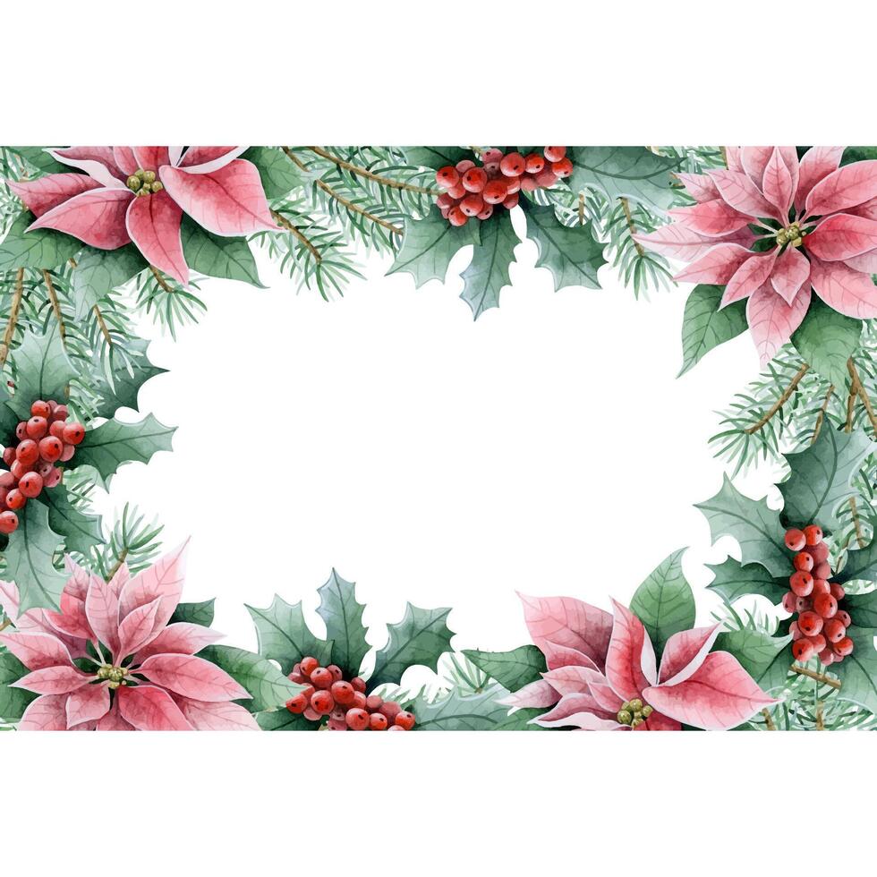Watercolor poinsettia flowers, Christmas tree branches and red holly berries horizontal rectangular frame illustration vector