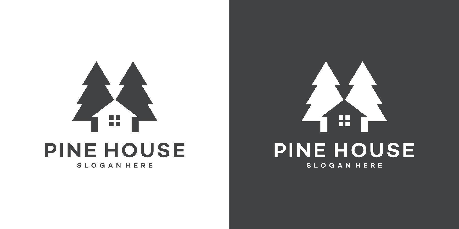 Pine tree logo design template with house building design graphic illustration. Symbol, icon, creative. vector