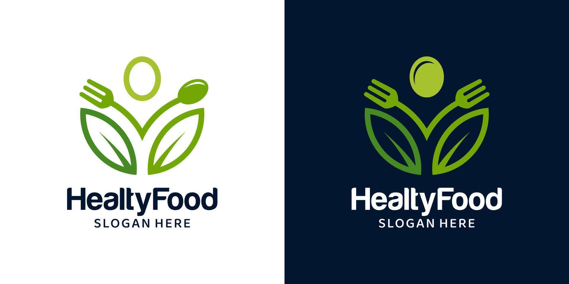 Healthy food logo design template. Spoon fork with natural leaves for Organic food logo design graphic illustration. Symbol, icon, creative. vector