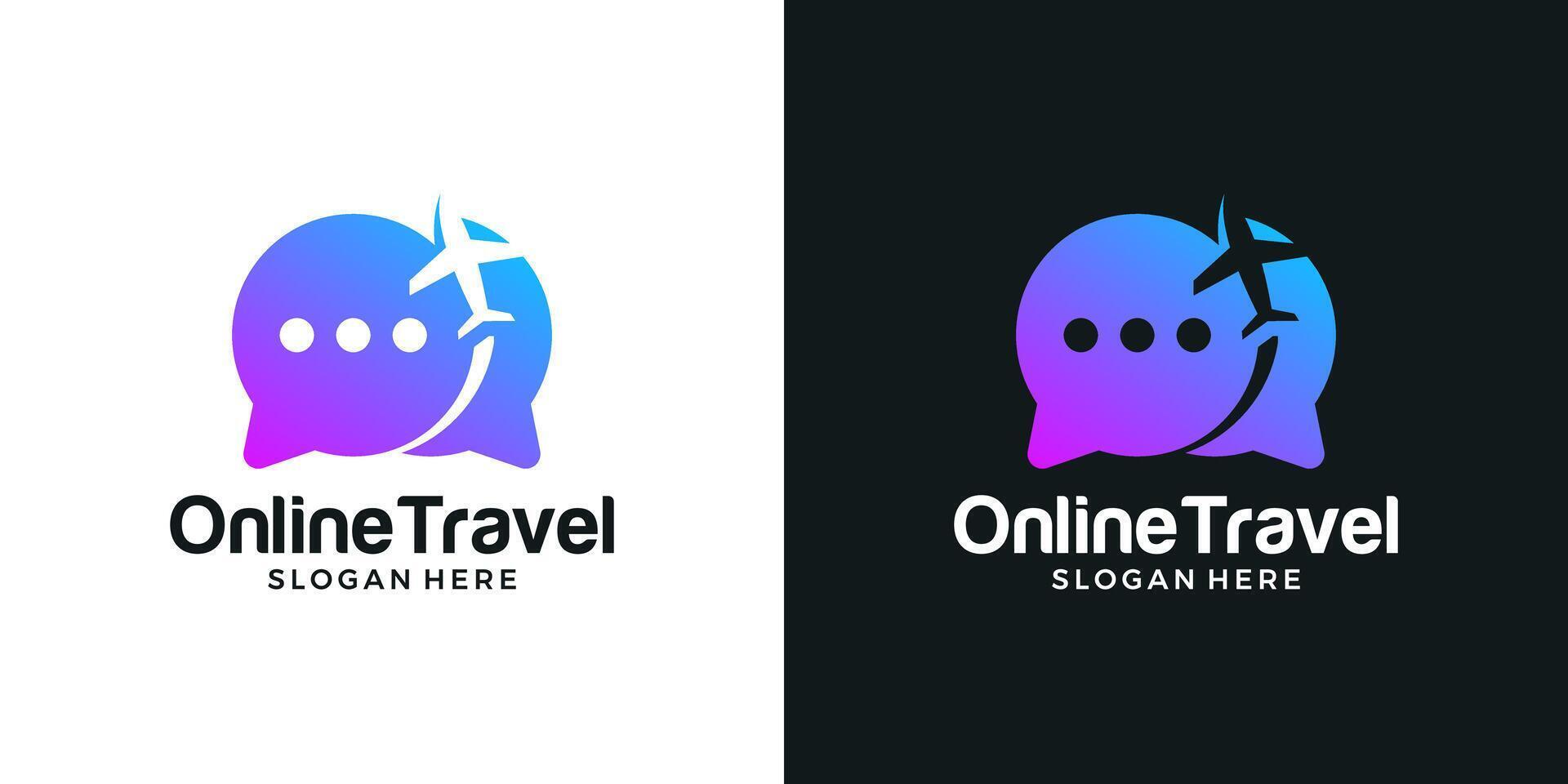 Online travel logo design template. Chat bubble logo with airplane graphic design . Symbol, icon, creative. vector