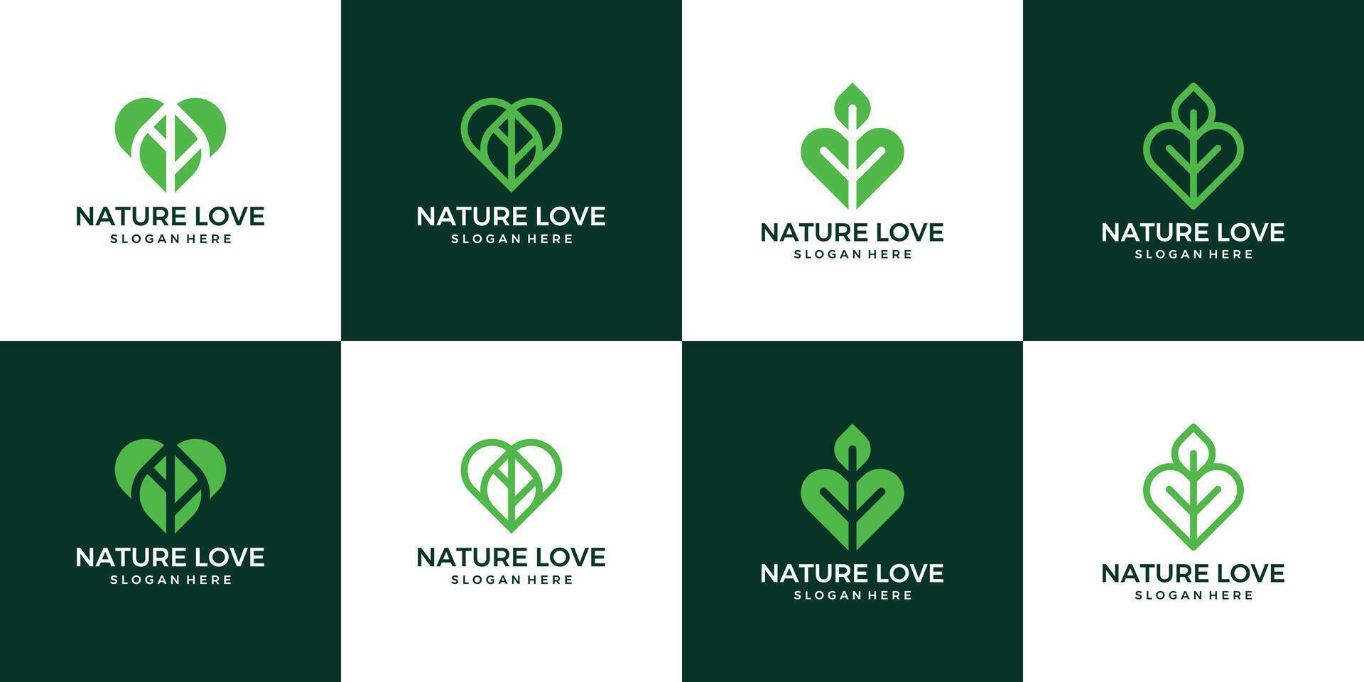 colección de naturaleza hoja logo diseño modelo con corazón amor diseño gráfico ilustración. símbolo, icono, creativo. vector