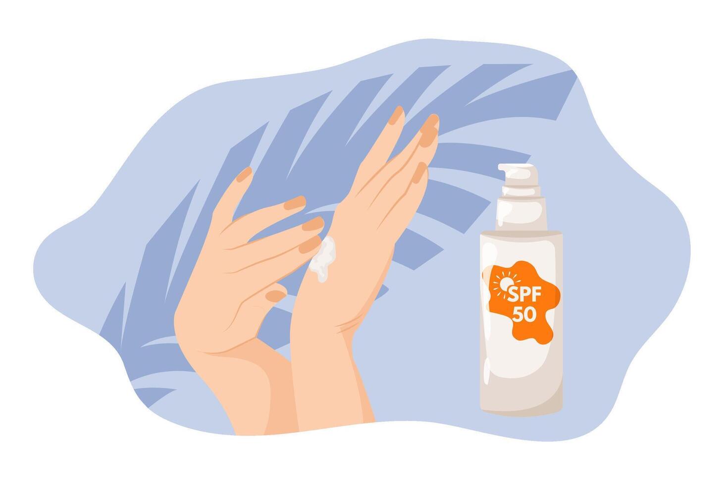 Female hands apply tanning mousse on blue background with palm leaves. Sunscreen moisturizer, sunscreen, sunblock, skin protection and ultraviolet ray blocking. vector