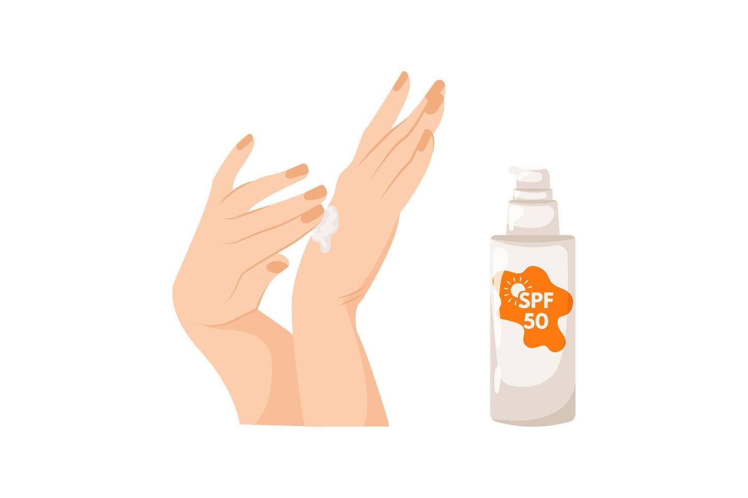 Women's hands apply tanning mousse. Sunscreen moisturizer, sunscreen, sunblock, skin protection and blocking ultraviolet rays. vector