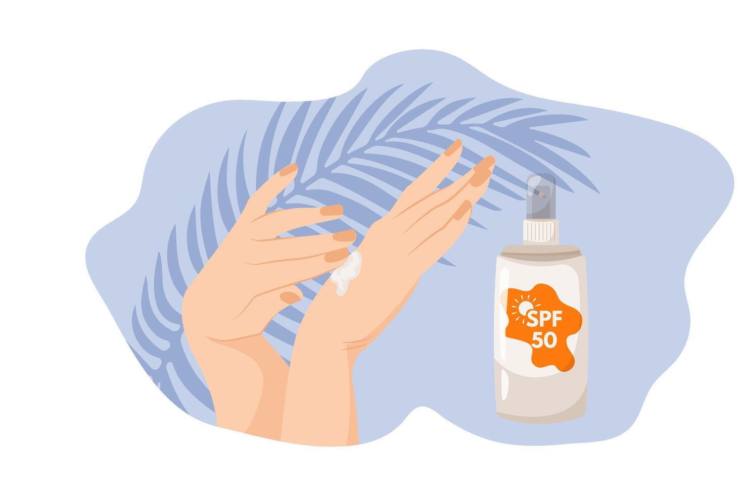 Female hands apply moisturizing lotion on blue background with palm leaves. Sunscreen moisturizer, sunscreen, sunscreen, skin protection and UV blocking. vector