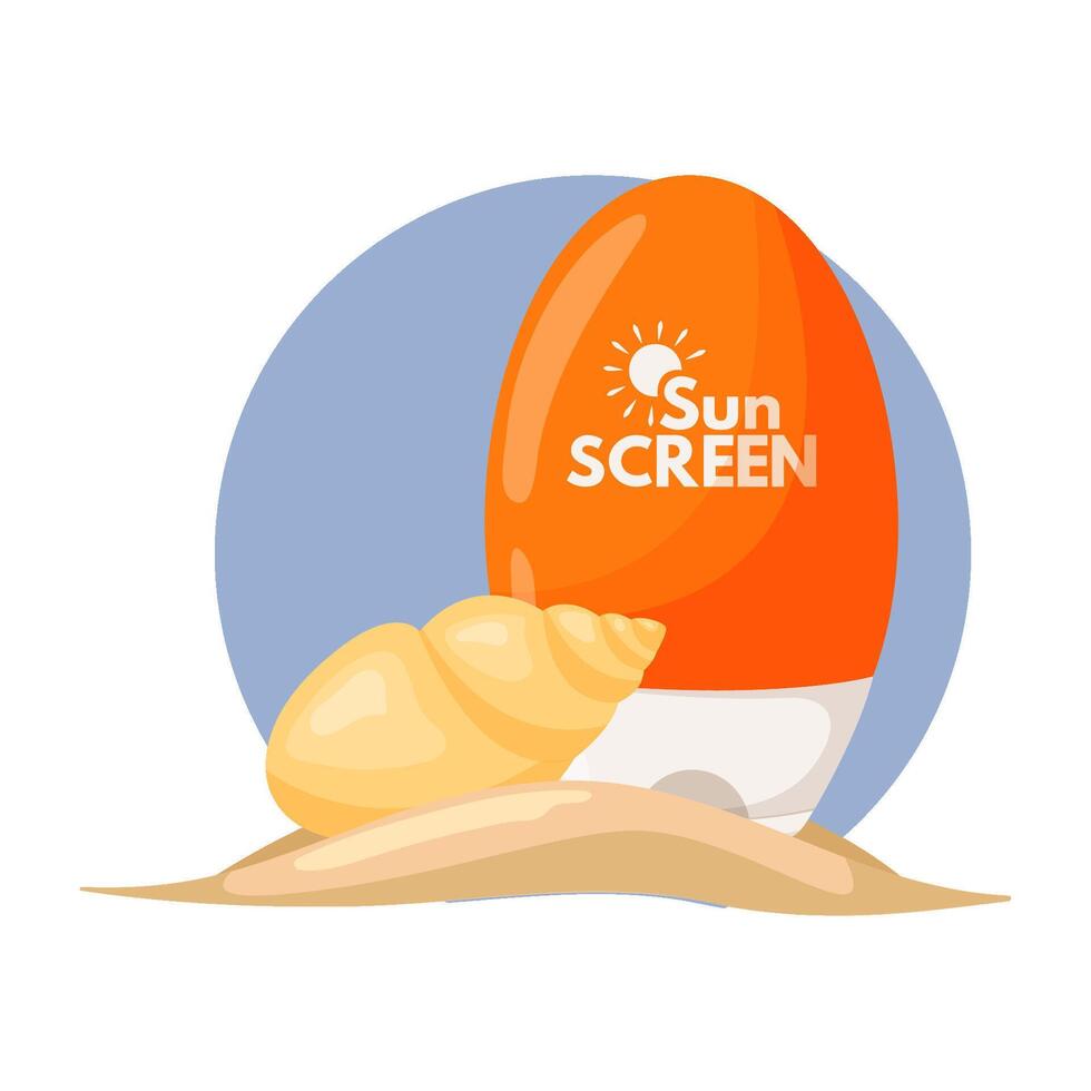 Sunscreen lotion on a blue background with a seashell. Moisturizing and protecting your skin from the sun's ultraviolet radiation. Sunscreen moisturizer, sunscreen. vector